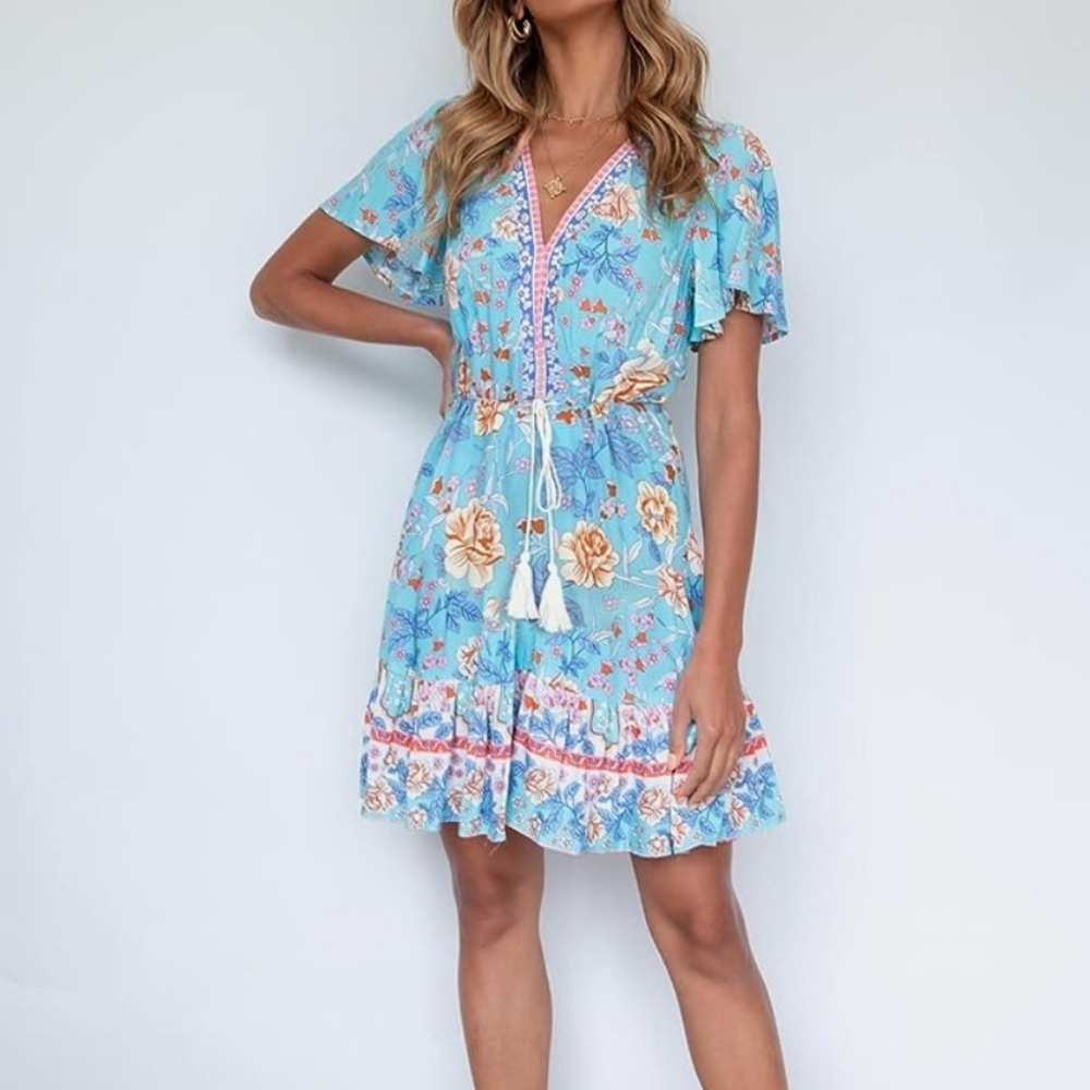 Women's V Neck Floral Print Summer Short Dress , short sleeve , size S